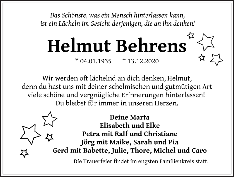 Traueranzeige von Helmut Behrens von WESER-KURIER