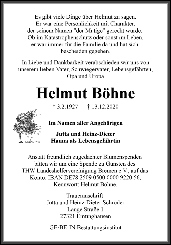 Traueranzeige von Helmut Böhne von WESER-KURIER