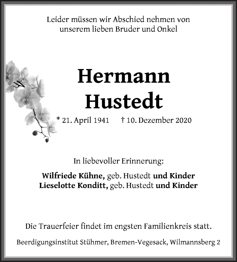 Traueranzeige von Hermann Hustedt von Die Norddeutsche