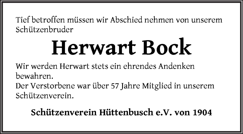  Traueranzeige für Herwart Bock vom 29.12.2020 aus Wuemme Zeitung