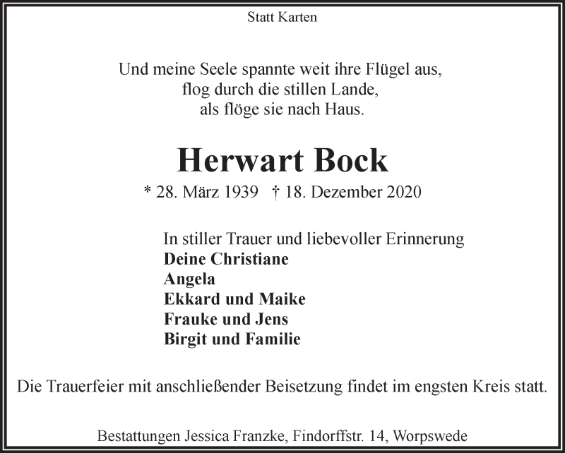  Traueranzeige für Herwart Bock vom 23.12.2020 aus Wuemme Zeitung