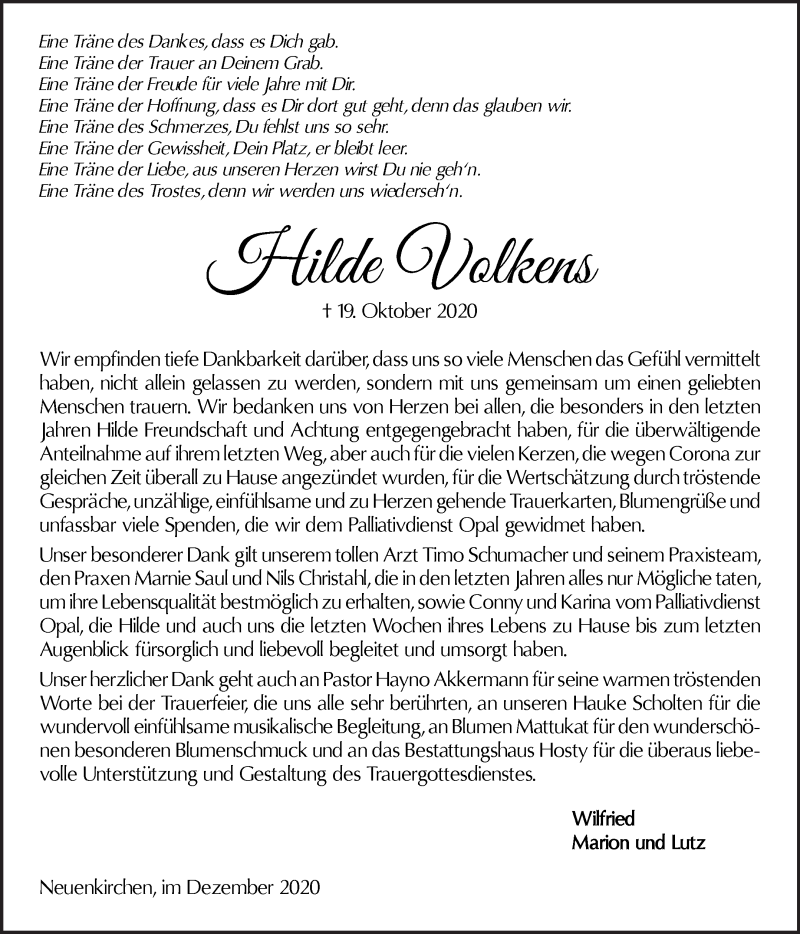 Traueranzeige von Hilde Volkens von Die Norddeutsche