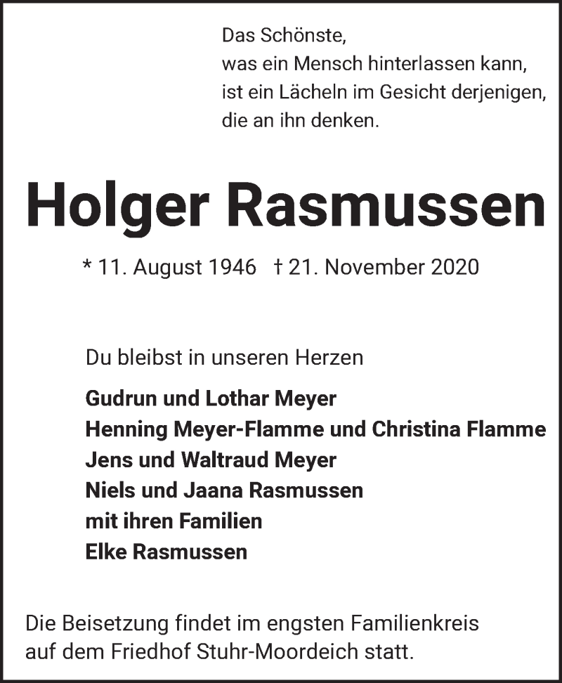  Traueranzeige für Holger RAsmussen vom 24.12.2020 aus WESER-KURIER