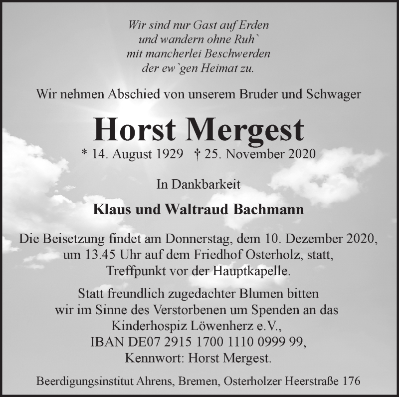Traueranzeige von Horst Mergest von WESER-KURIER