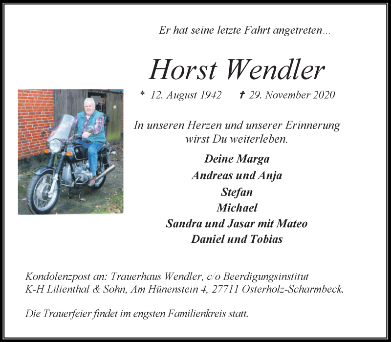  Traueranzeige für Horst Wendler vom 04.12.2020 aus Osterholzer Kreisblatt