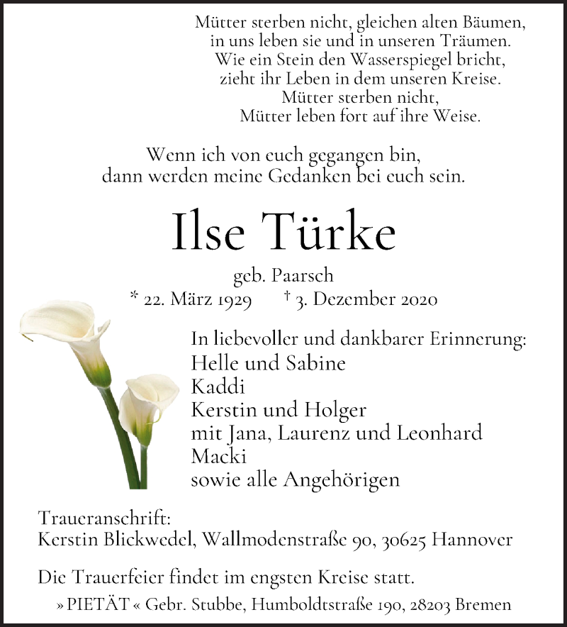 Traueranzeige von Ilse Türke von WESER-KURIER
