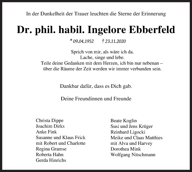  Traueranzeige für Ingelore Ebberfeld vom 05.12.2020 aus WESER-KURIER