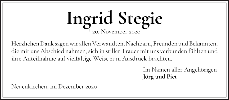 Traueranzeige von Ingrid Stegie von Die Norddeutsche