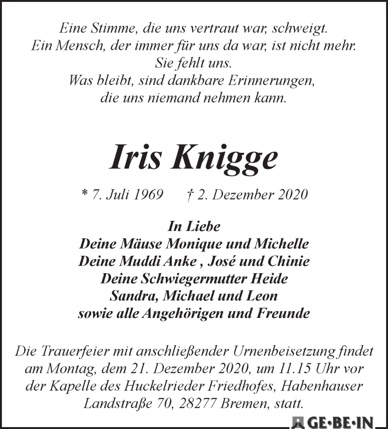 Traueranzeige von Iris Knigge von WESER-KURIER