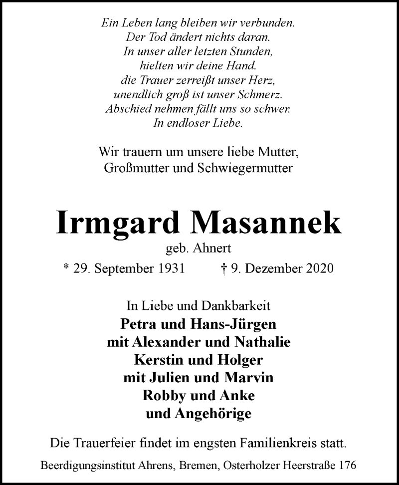 Traueranzeige von Irmgrad Masannek von WESER-KURIER