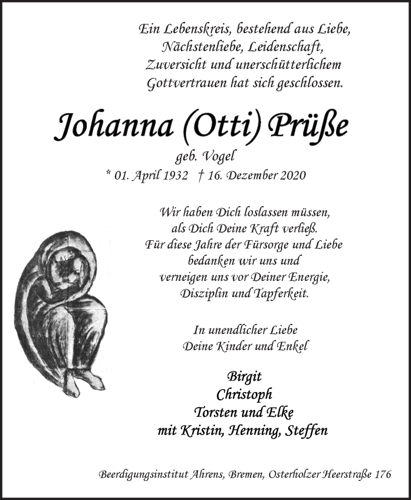 Traueranzeige von Johanna Prüße von WESER-KURIER