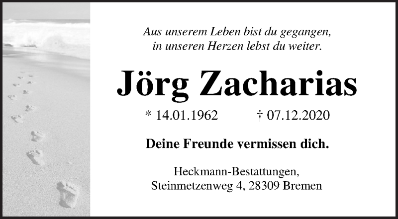  Traueranzeige für Jörg Zacharias vom 28.12.2020 aus WESER-KURIER