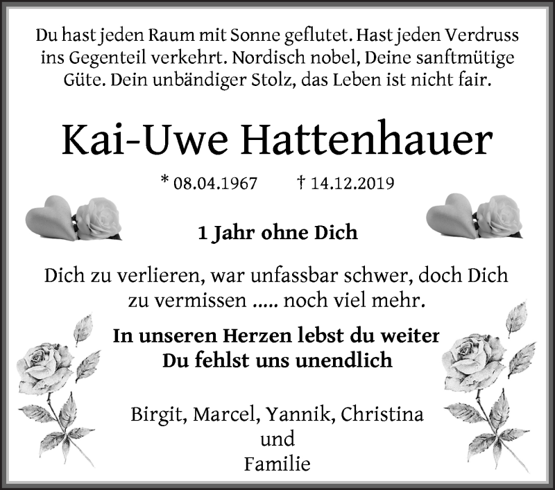  Traueranzeige für Kai-Uwe Hattenhauer vom 14.12.2020 aus WESER-KURIER
