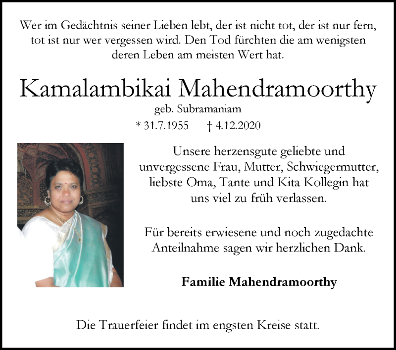  Traueranzeige für Kamalambikai Mahendramoorthy vom 12.12.2020 aus WESER-KURIER
