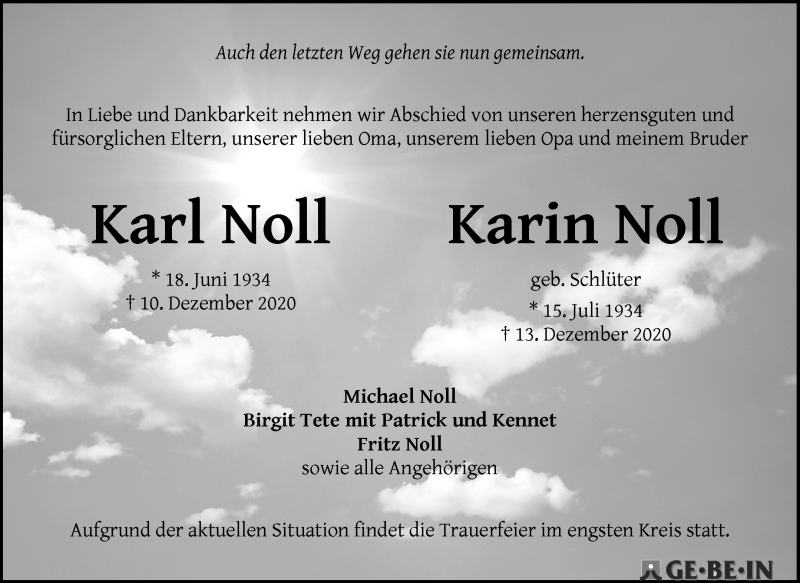 Traueranzeige von Karl und Karin Noll von WESER-KURIER