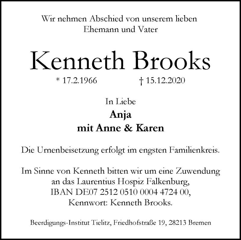  Traueranzeige für Kenneth Brooks vom 19.12.2020 aus WESER-KURIER