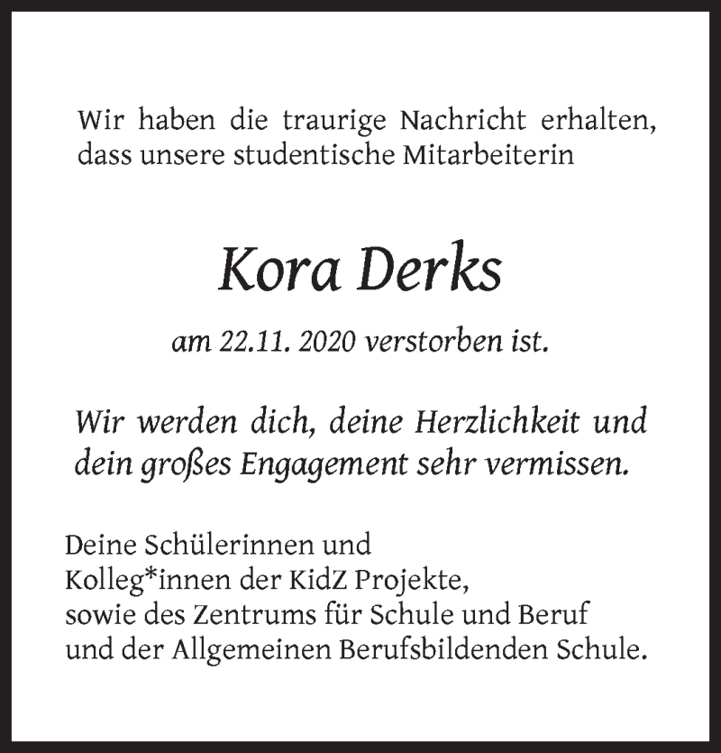  Traueranzeige für Kora Derks vom 05.12.2020 aus WESER-KURIER