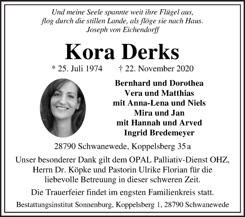  Traueranzeige für Kora Derks vom 02.12.2020 aus WESER-KURIER