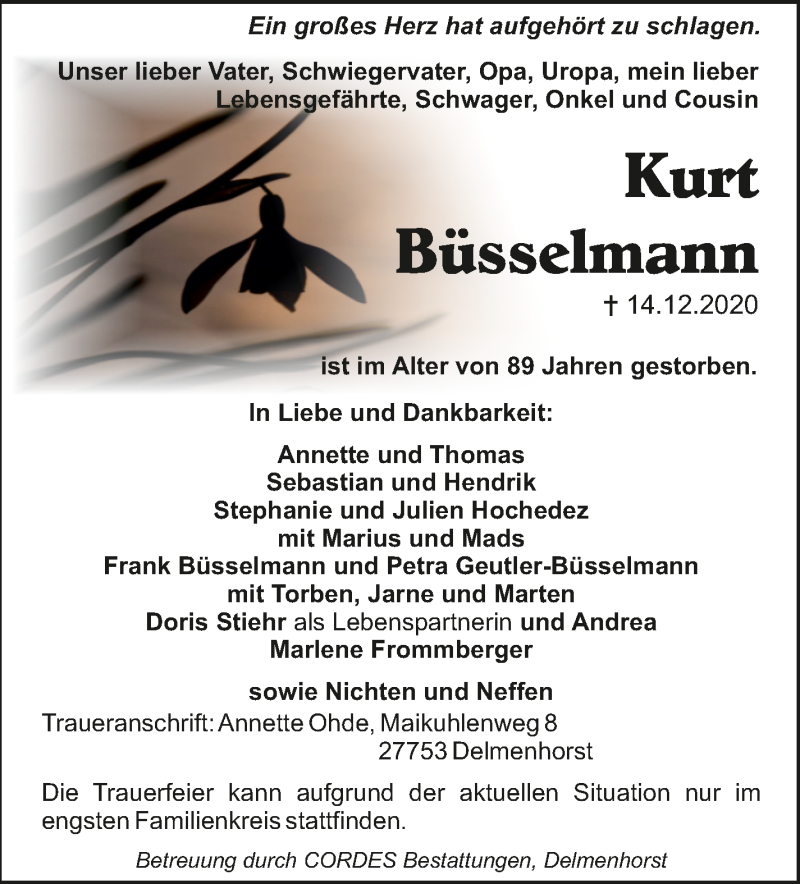  Traueranzeige für Kurt Büsselmann vom 19.12.2020 aus WESER-KURIER