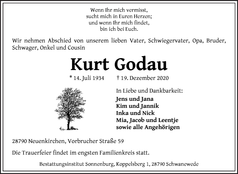 Traueranzeige von Kurt Godau von Die Norddeutsche