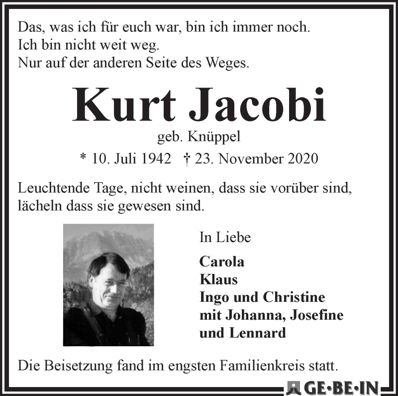 Traueranzeige von Kurt Jacobi von WESER-KURIER