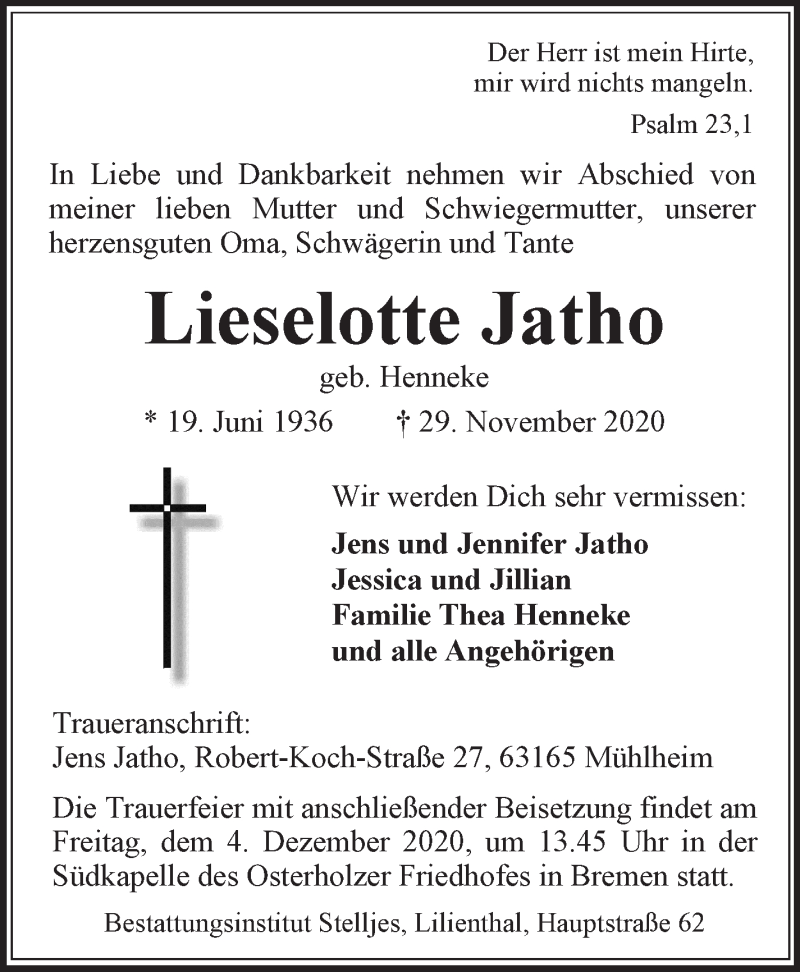  Traueranzeige für Lieselotte Jatho vom 03.12.2020 aus WESER-KURIER