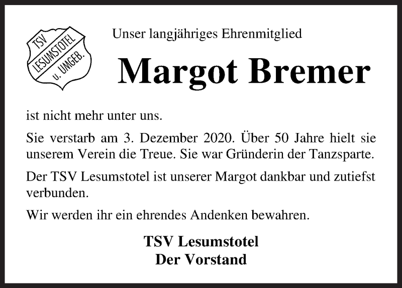 Traueranzeige von Margot Bremer von Osterholzer Kreisblatt