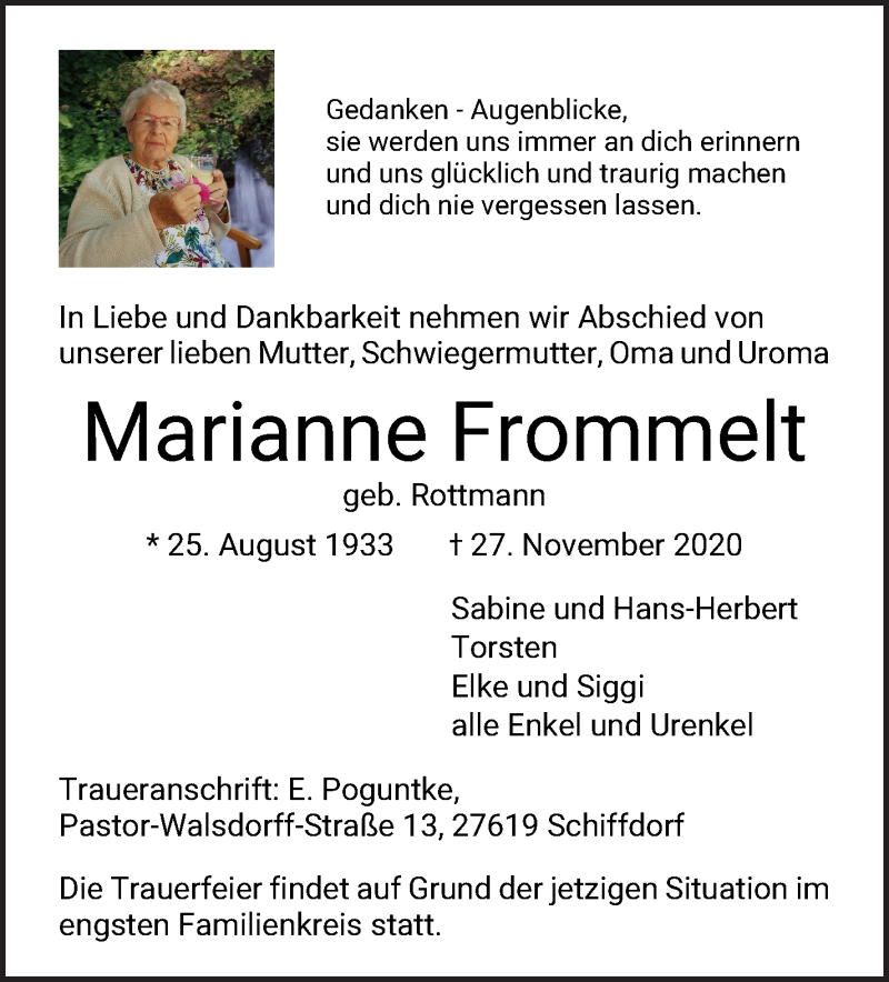  Traueranzeige für Marianne Frommelt vom 05.12.2020 aus WESER-KURIER