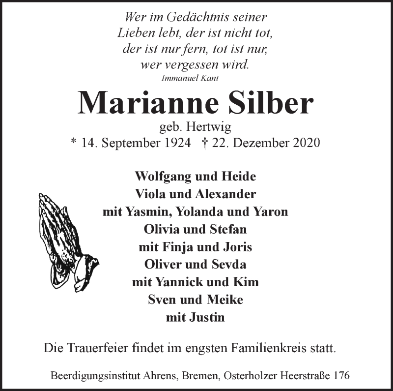 Traueranzeige von Marianne Silber von WESER-KURIER
