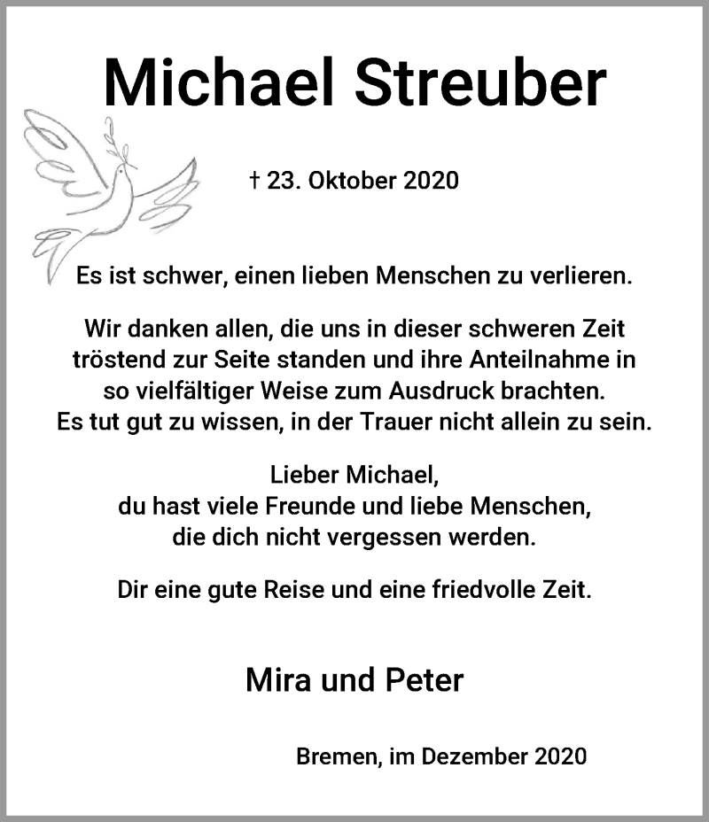  Traueranzeige für Michael Streuber vom 12.12.2020 aus WESER-KURIER
