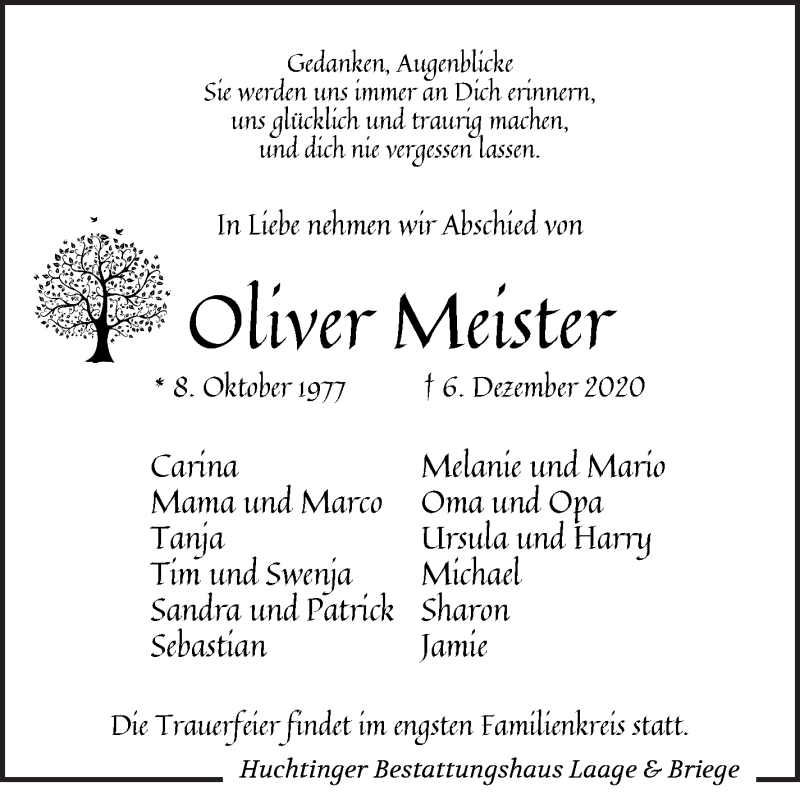  Traueranzeige für Oliver Meister vom 12.12.2020 aus WESER-KURIER