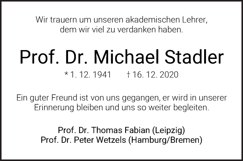  Traueranzeige für Prof. Dr. Michael Stadler vom 19.12.2020 aus WESER-KURIER