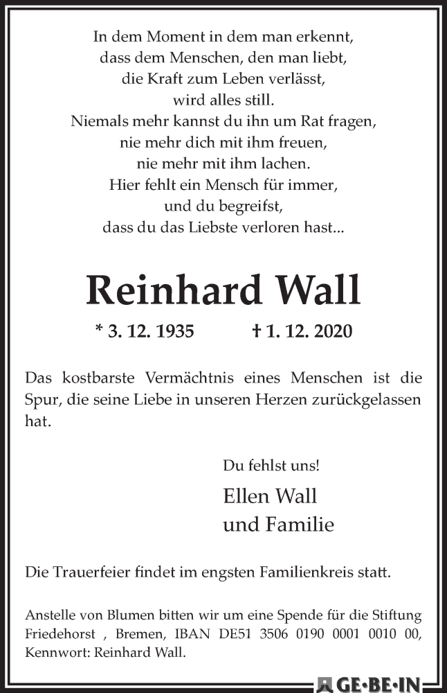 Traueranzeige von Reinhard Wall von Die Norddeutsche