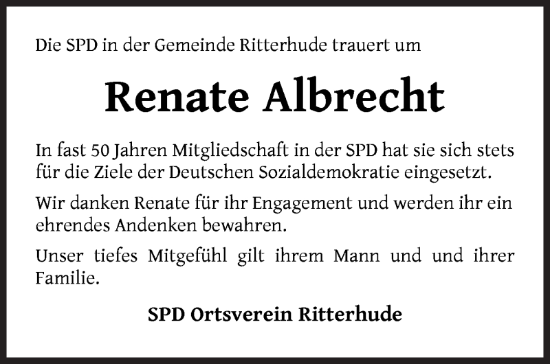  Traueranzeige für Renate Albrecht vom 19.12.2020 aus Osterholzer Kreisblatt