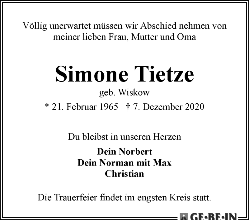  Traueranzeige für Simone Tietze vom 12.12.2020 aus WESER-KURIER