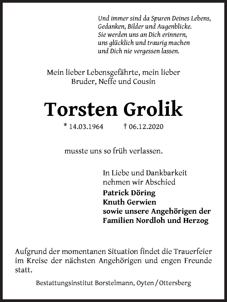  Traueranzeige für Torsten Grolik vom 12.12.2020 aus Achimer Kurier/Verdener Nachrichten