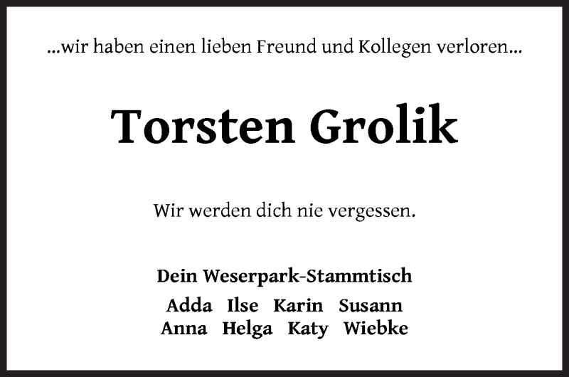  Traueranzeige für Torsten Grolik vom 12.12.2020 aus WESER-KURIER