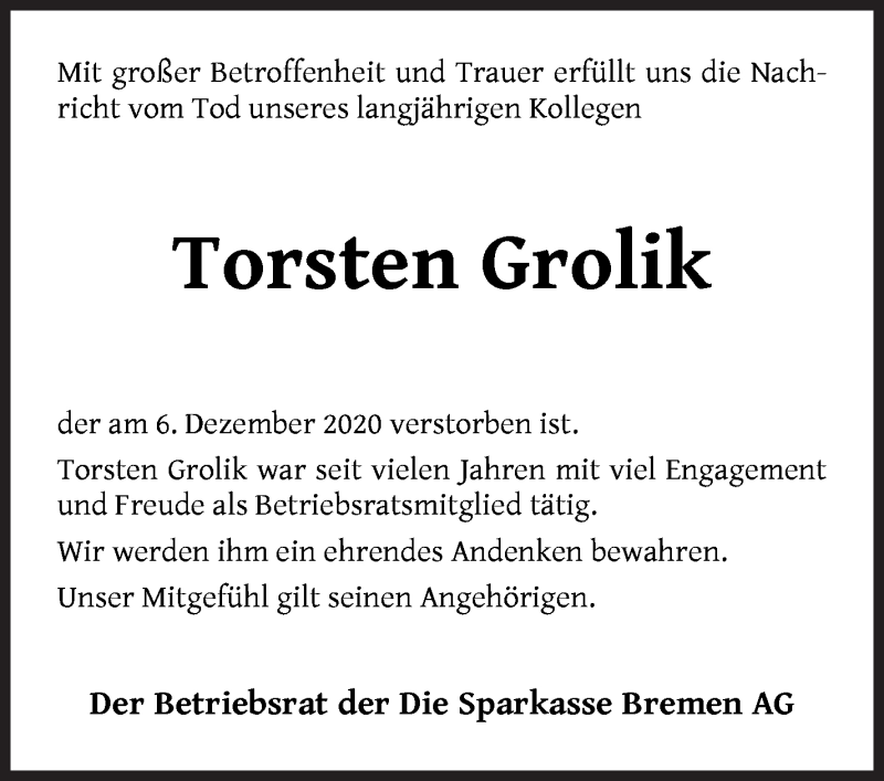  Traueranzeige für Torsten Grolik vom 12.12.2020 aus WESER-KURIER