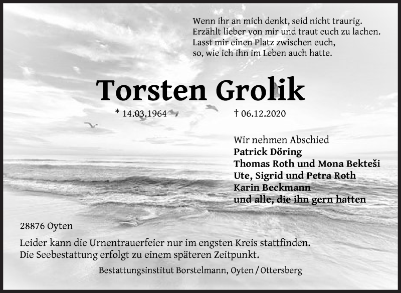  Traueranzeige für Torsten Grolik vom 12.12.2020 aus WESER-KURIER