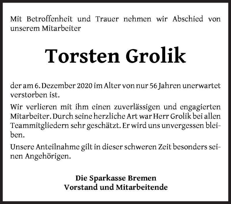  Traueranzeige für Torsten Grolik vom 12.12.2020 aus WESER-KURIER