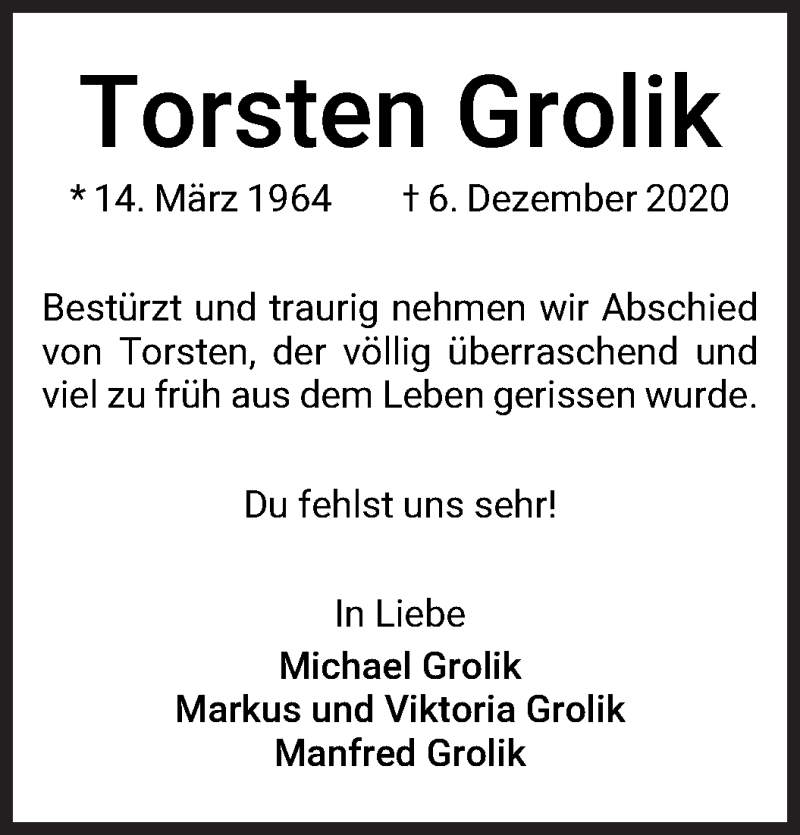  Traueranzeige für Torsten Grolik vom 12.12.2020 aus WESER-KURIER