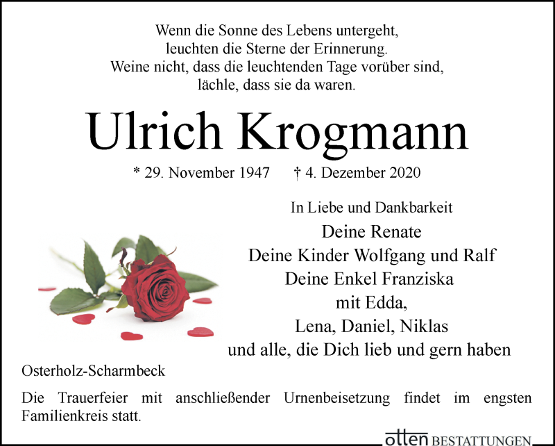 Traueranzeige von Ulrich Krogmann von Osterholzer Kreisblatt