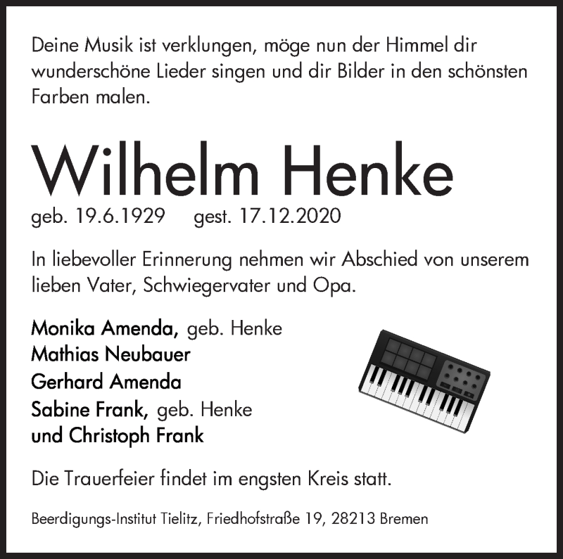  Traueranzeige für Wilhelm Henke vom 23.12.2020 aus WESER-KURIER