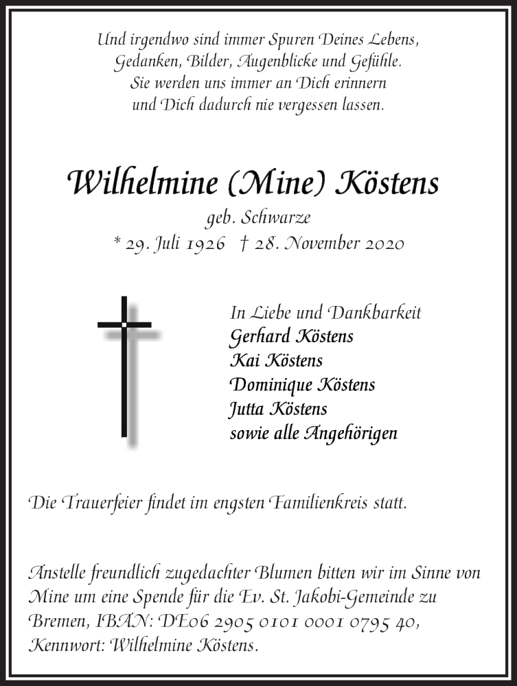 Traueranzeige von Wilhelmine Köstens von WESER-KURIER