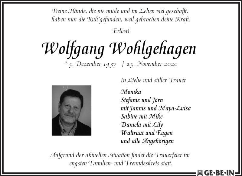  Traueranzeige für Wolfgang Wohlgehagen vom 02.12.2020 aus WESER-KURIER