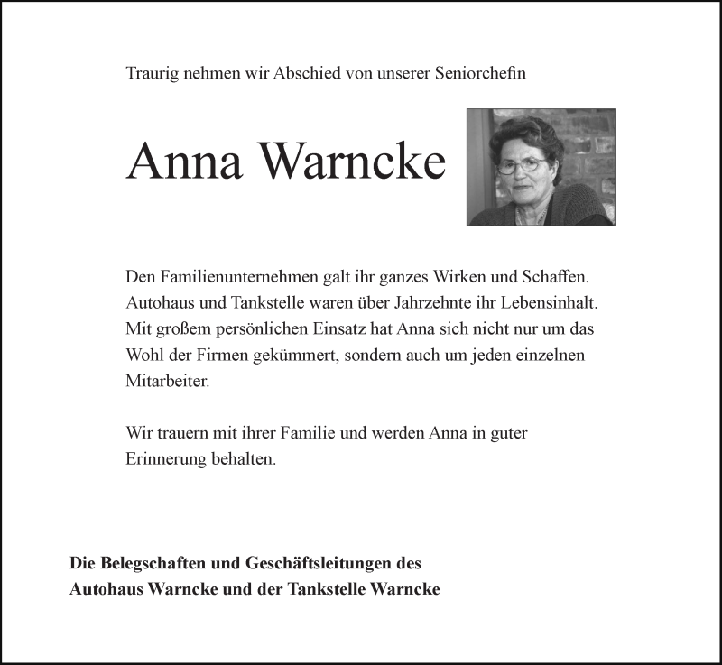 Traueranzeige von Anna Warncke von Wuemme Zeitung