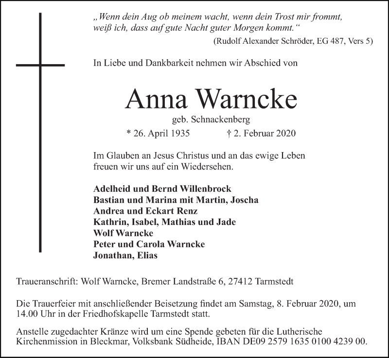 Traueranzeige von Anna Warncke von Wuemme Zeitung