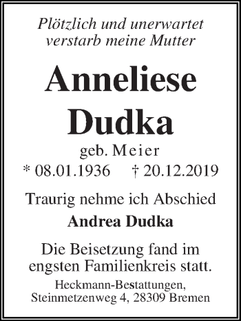 Traueranzeige von Anneliese Dudka