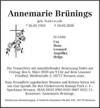 Traueranzeige von Annemarie Brünings