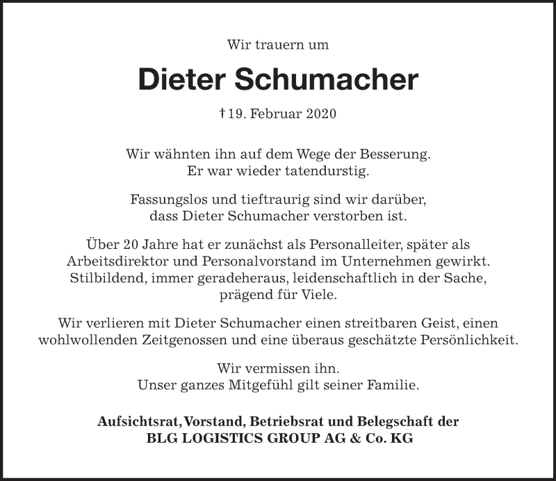  Traueranzeige für Dieter Schumacher vom 22.02.2020 aus WESER-KURIER